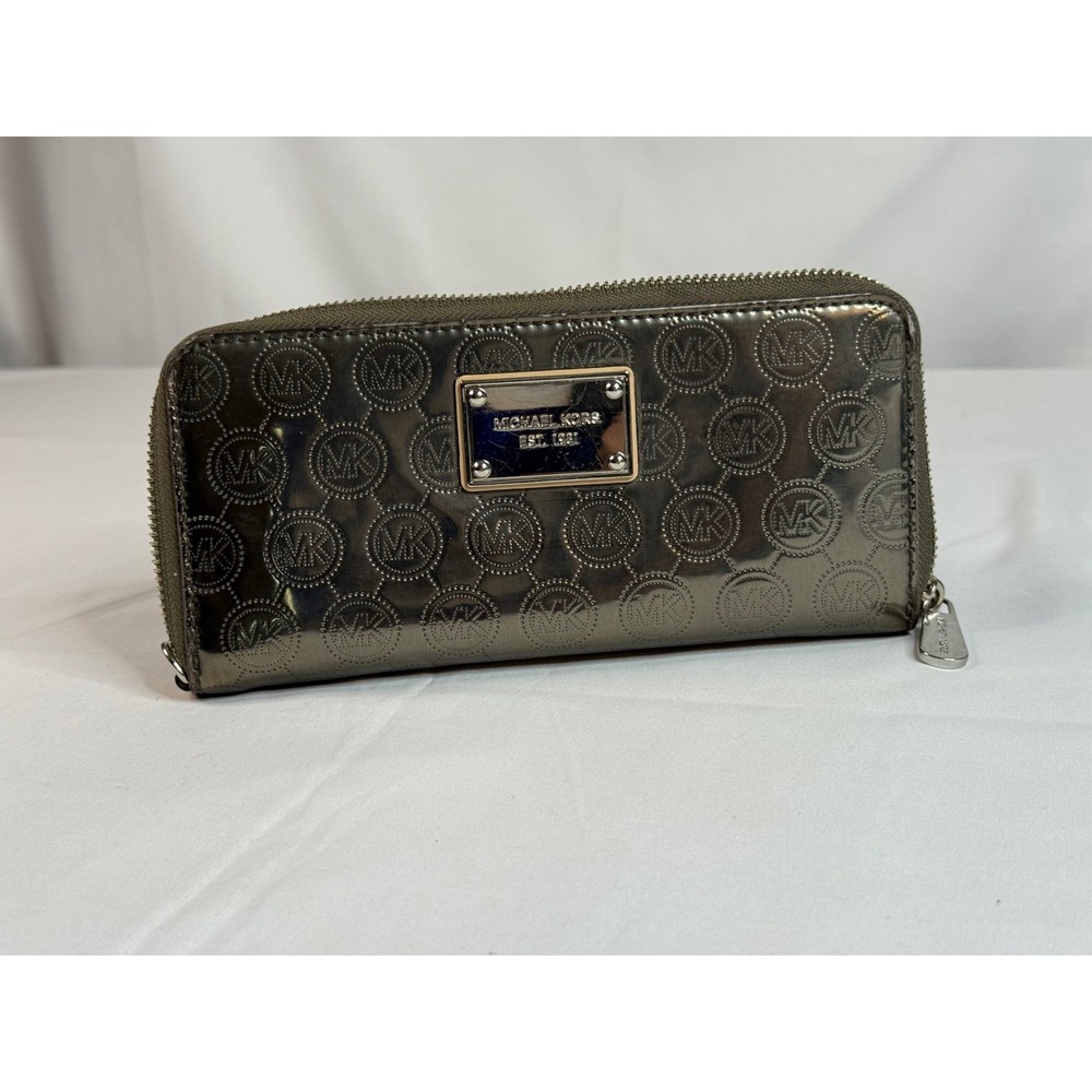 Michael‎ Kors Gunmetal Metallic MK Logo Zip Around Continental Wallet
